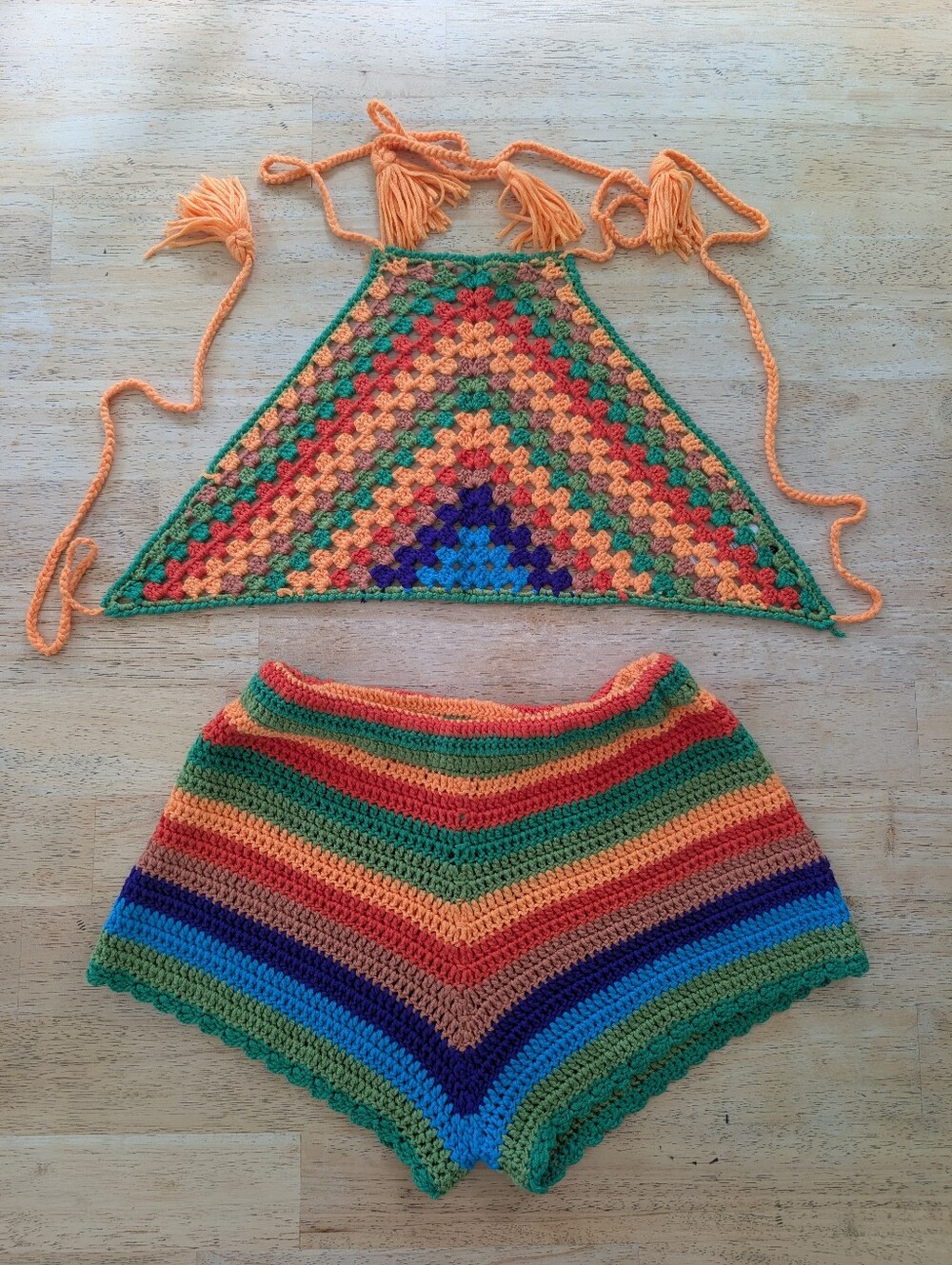Papaya Multicolor Crochet Retro Shorts And Halter Set. Vintage Vibe
